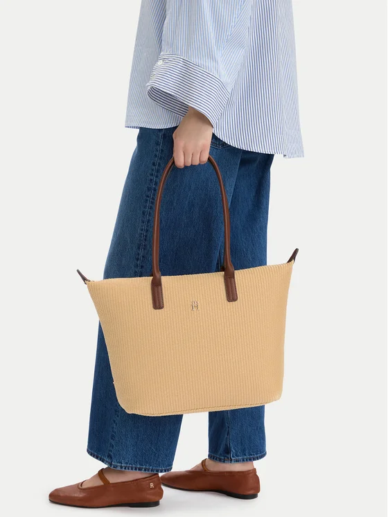 Tommy Hilfiger Rankinė Tommy Hilfiger Popette Tote Raffia AW0AW18528 Smėlio