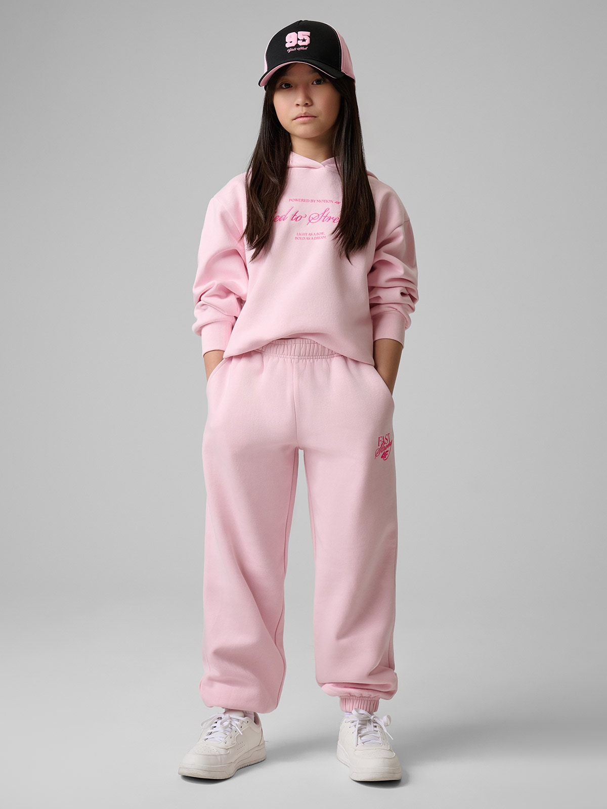 Sportinis loose džemperis su gobtuvu mergaitėms - rožinis