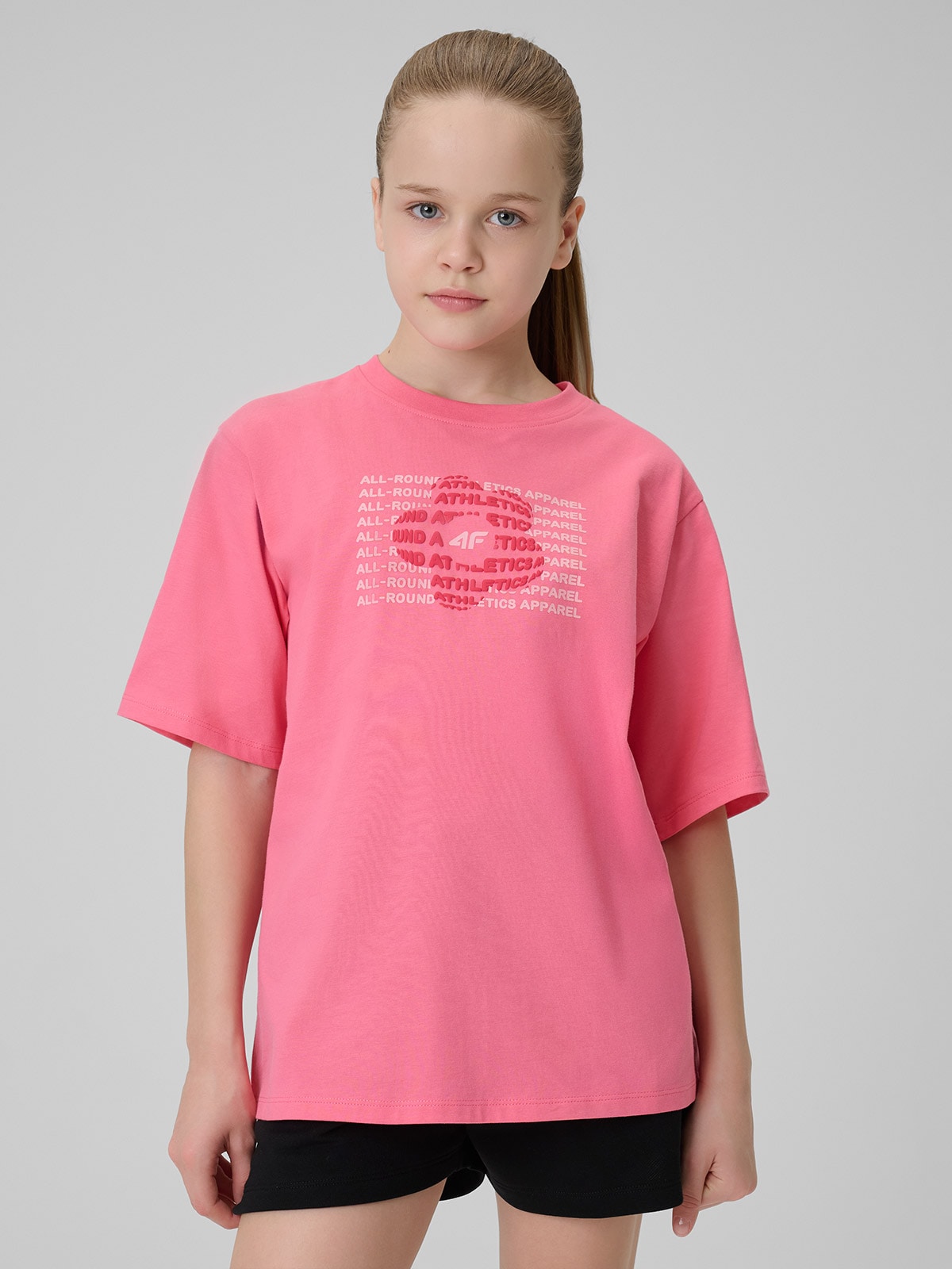 T-shirt loose marškinėliai su spauda mergaitėms - rožiniai