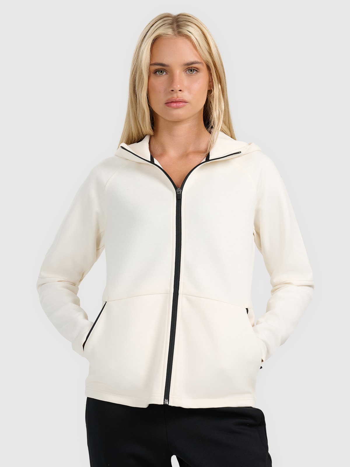 Moteriškas sportinis atsegamas džemperis su gobtuvu - baltas