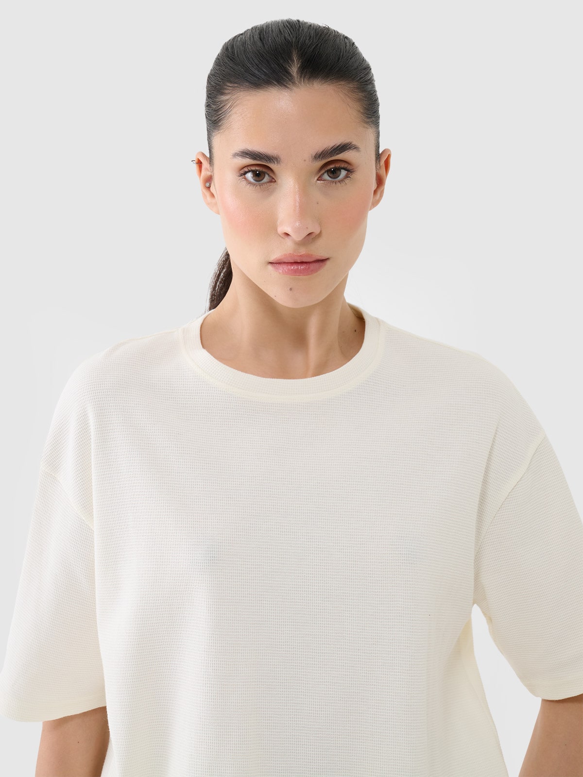 Moteriški T-shirt marškinėliai iš vaflinio audinio - balti