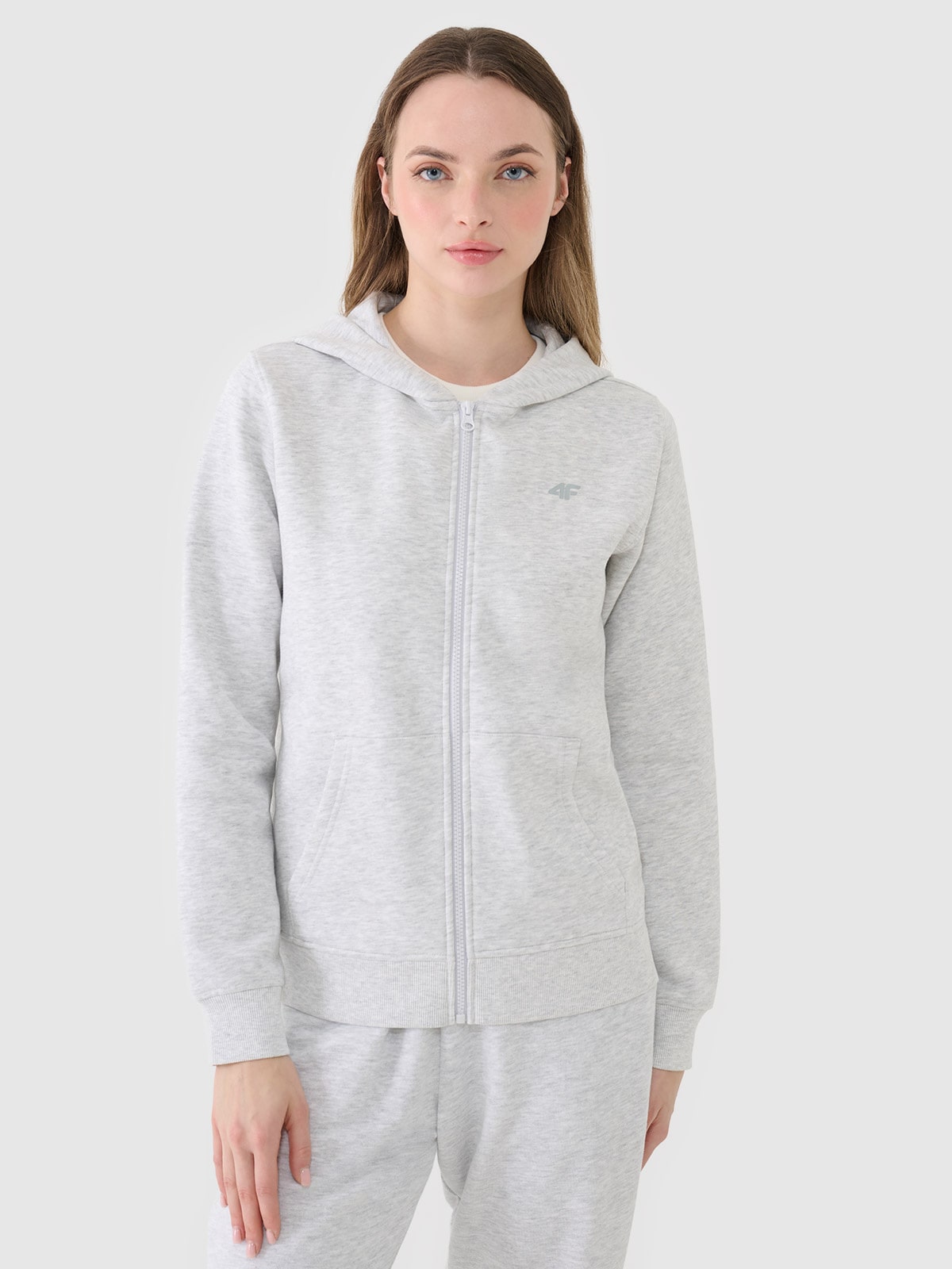 Moteriškas sportinis atsegamas džemperis su gobtuvu - pilkas