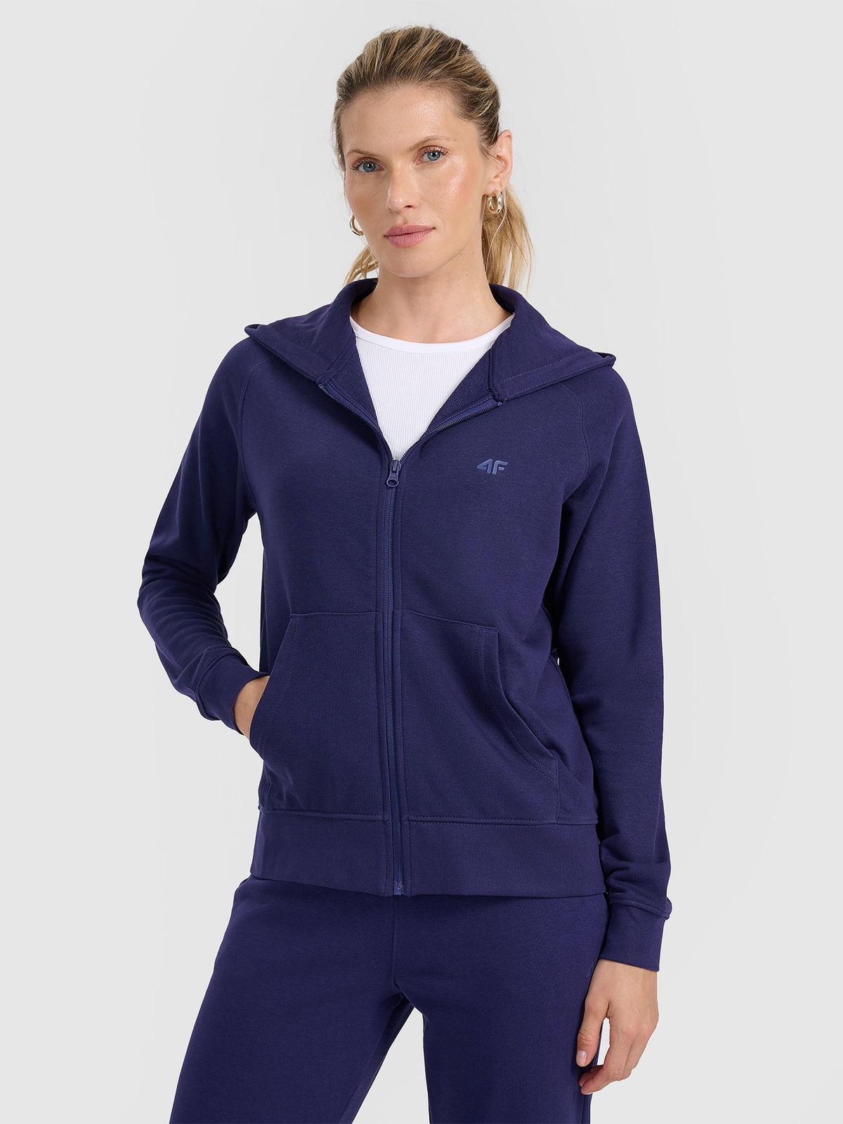 Moteriškas sportinis atsegamas džemperis su gobtuvu - tamsiai mėlynas