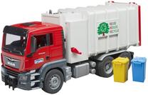  Žaislinė šiukšliavežė Bruder MAN TGS Side Loader 03761, 1:16, balta sp./raudona sp.