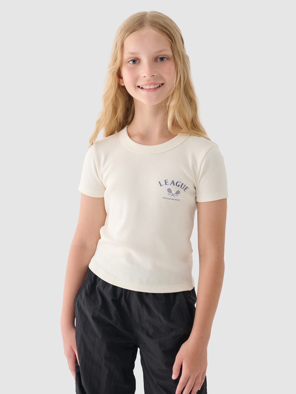 T-shirt cropped marškinėliai su spauda mergaitėms - balti