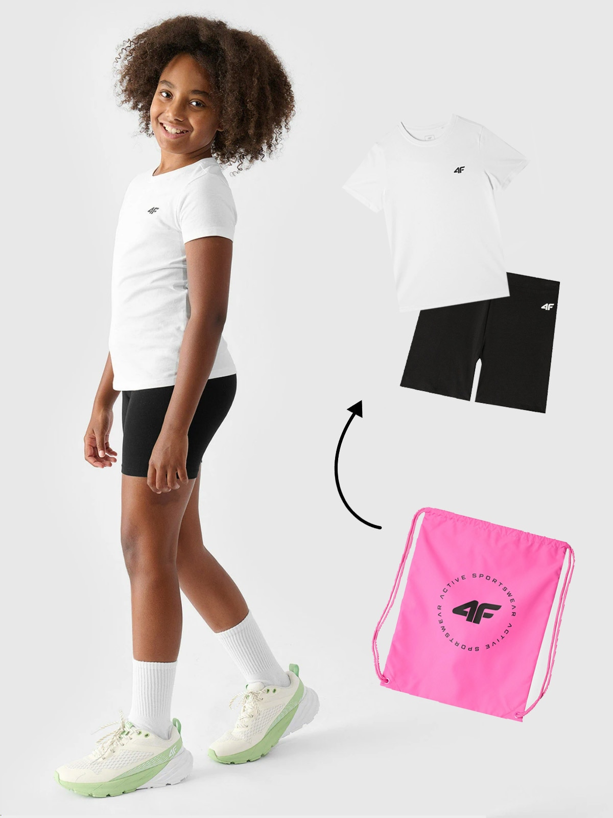 Sportinis komplektas mergaitėms kūno kultūros užsiėmimams (marškinėliai+šortai+maišas) - daugiaspalvis