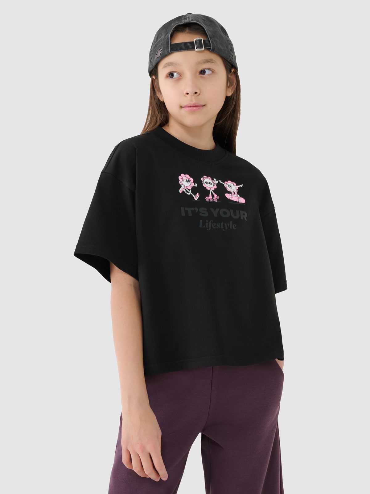 Crop top oversize marškinėliai su spauda mergaitėms - juodi