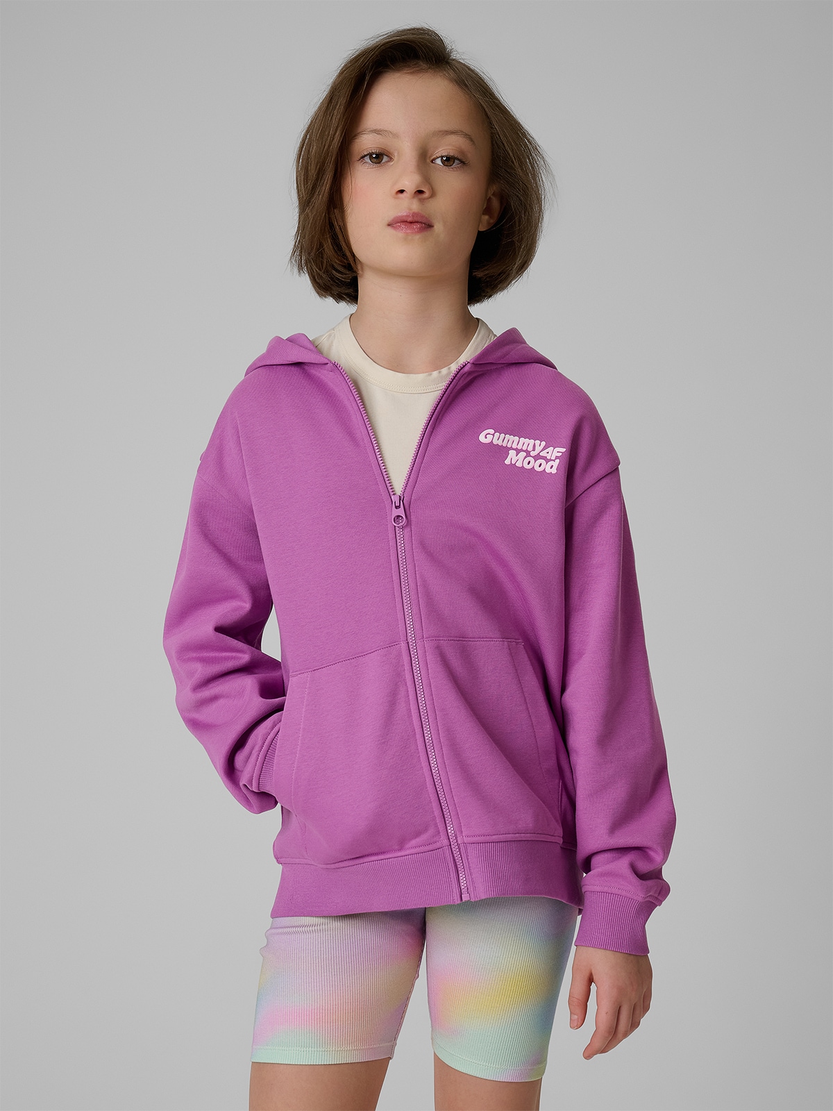 Mergaičių loose sportinis džemperis su gobtuvu - violetinis