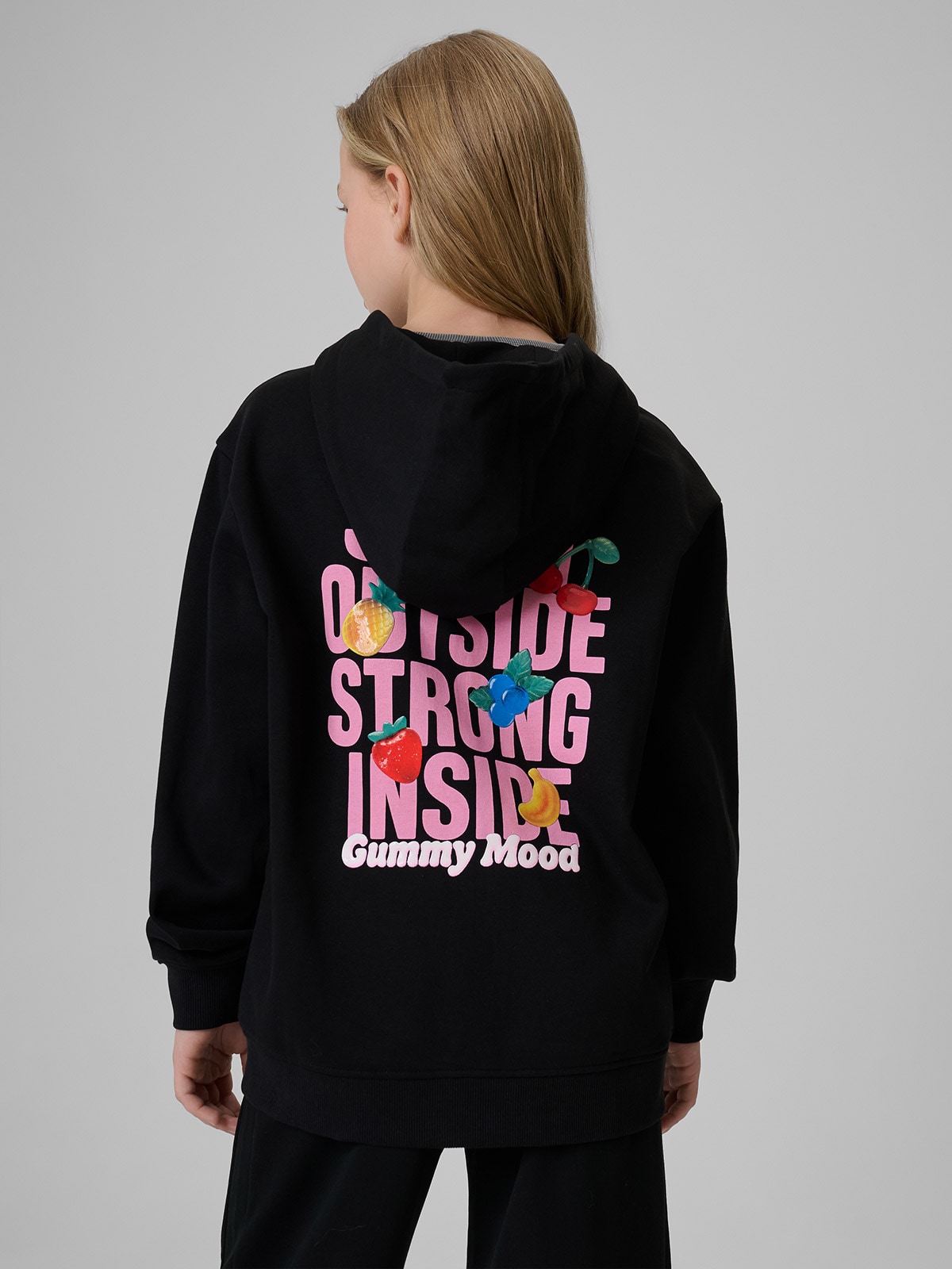 Mergaičių loose sportinis džemperis su gobtuvu - juodas