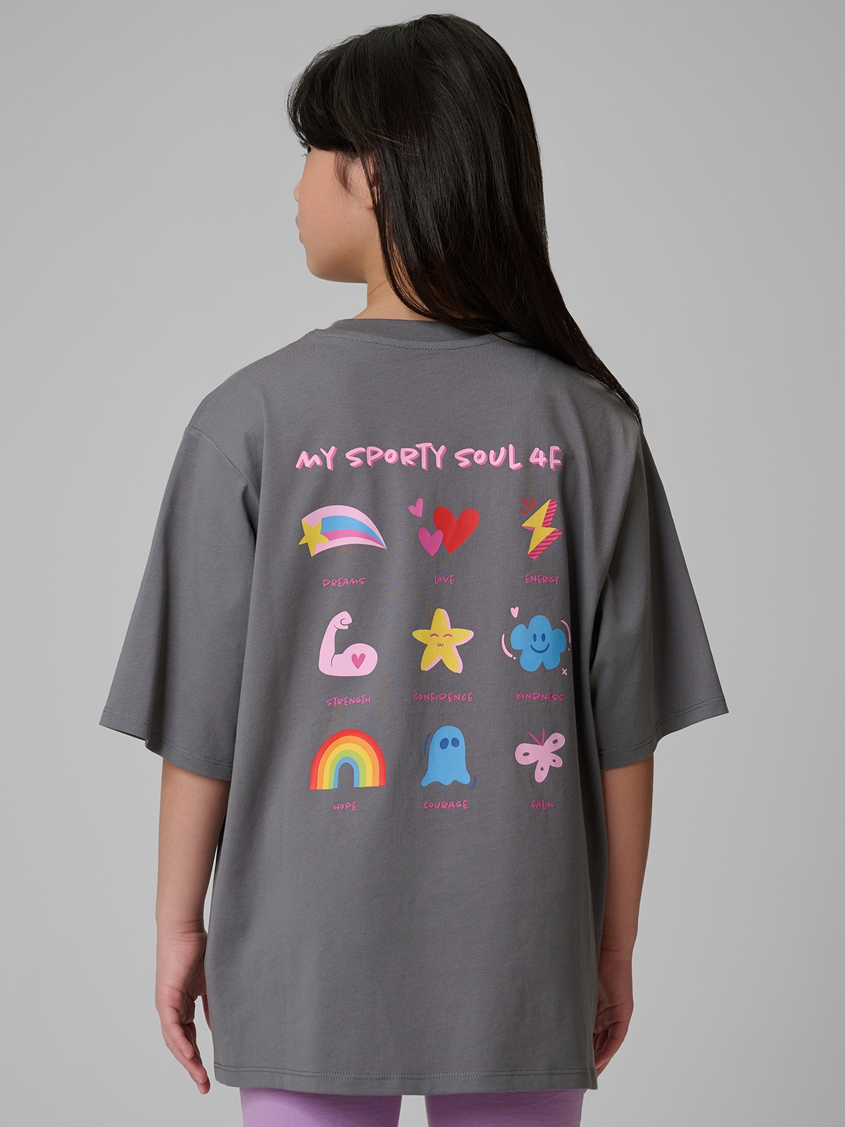 Laisvi marškinėliai su spauda mergaitėms - pilki