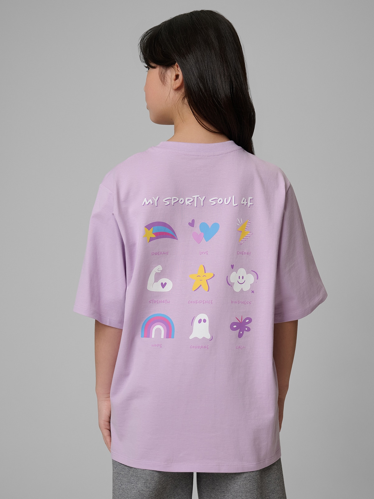 Laisvi marškinėliai su spauda mergaitėms - violetiniai