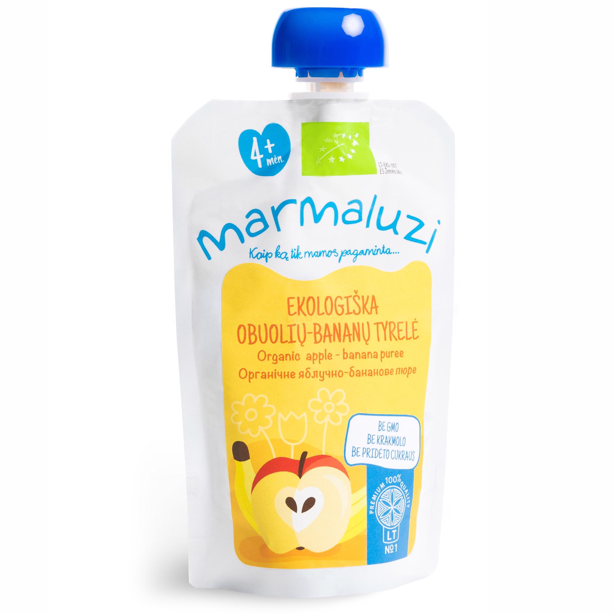 Ekologiška obuolių ir bananų tyrelė MARMALUZI (nuo 4 mėn.), 90 g