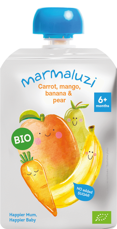 TYRELĖ Eko Morkų, mangų, bananų, kriaušių - 6 mėn 90g Pouch MARMALUZI