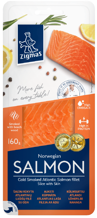 Šaltai rūkyta lašišų filė ZIGMAS su oda, 160 g