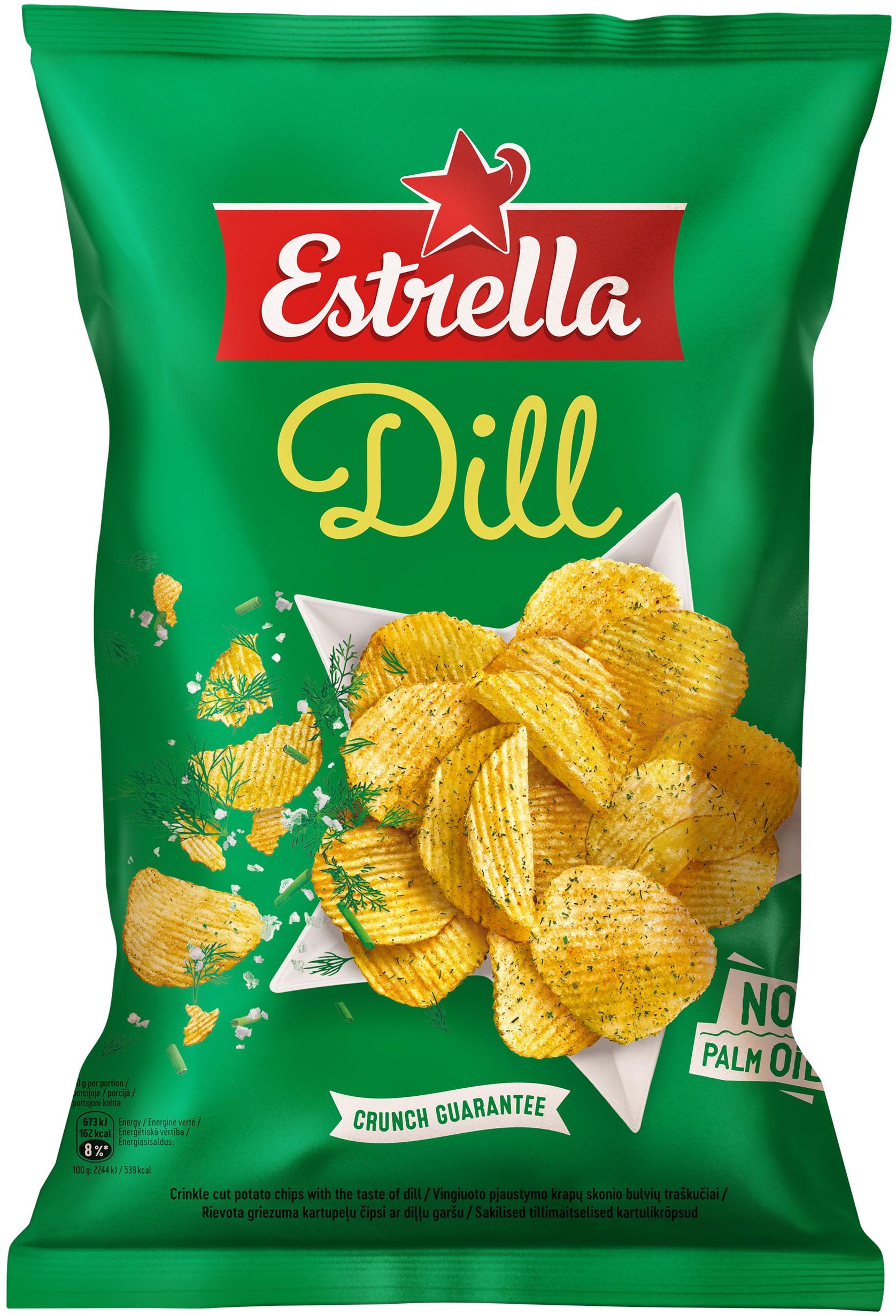 Vingiuotai pjaustyti bulvių traškučiai ESTRELLA su krapais, 130 g