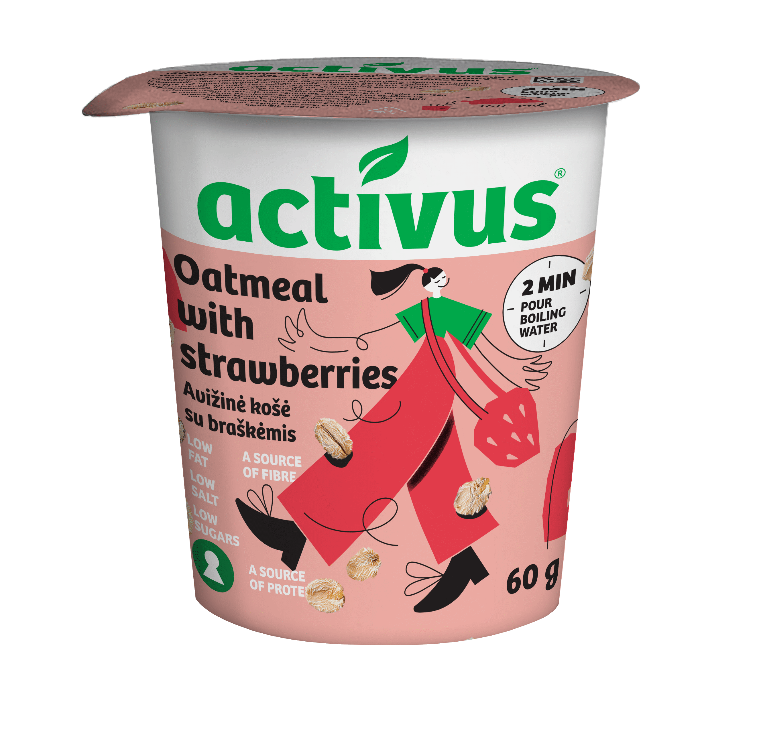 Avižinių dribsnių košė ACTIVUS (su braškėmis), 60 g