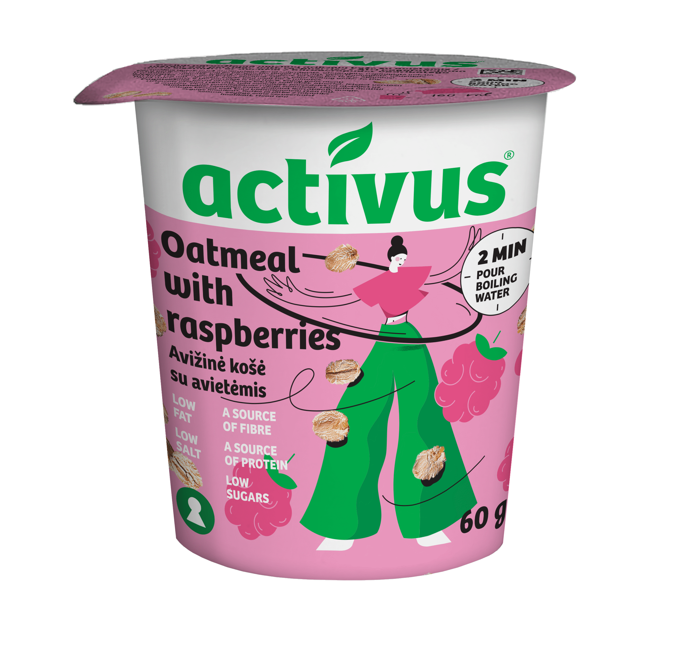 Avižinių dribsnių košė ACTIVUS (su avietėmis), 60 g