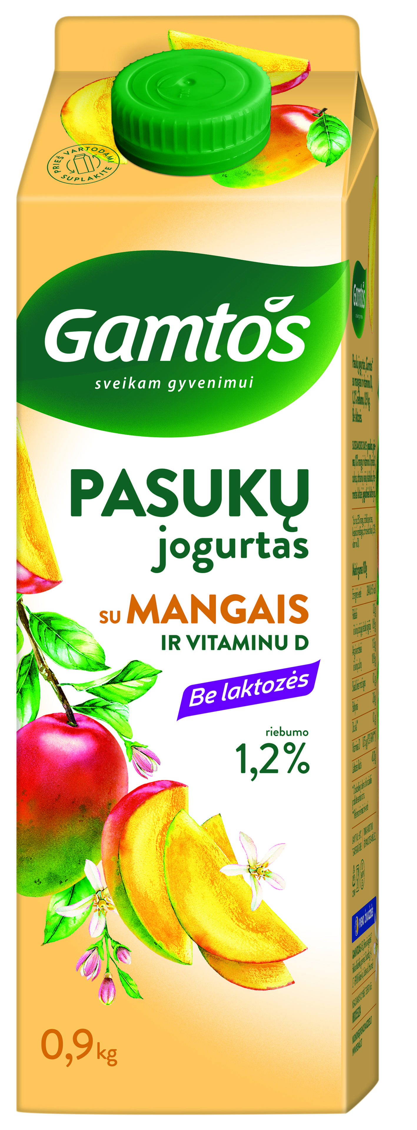 Pasukų jogurtas GAMTOS su mangais ir vitam. D, 1,2% r., be laktozės, 900 g