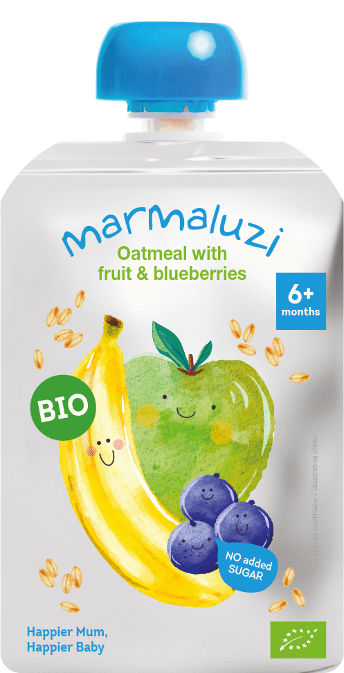 KOŠĖ Eko Obuolių, mėlynių, bananų, avižų - 6 mėn 90g Pouch MARMALUZI