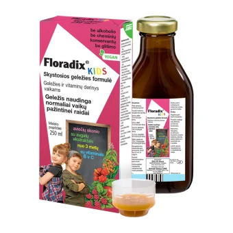 FLORADIX geležies ir vitaminų derinys vaikams, nuo 3 m., 250 ml+matavimo indelis