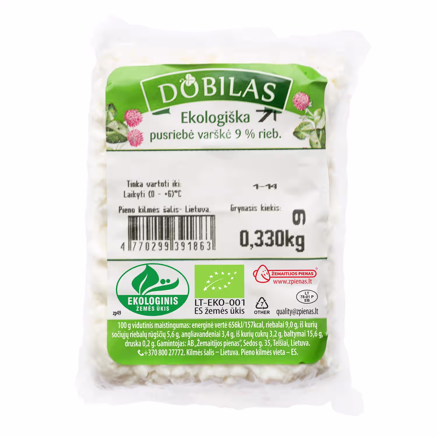 Ekol. pusrieb. varškė DOBILAS, 9 %, 330 g