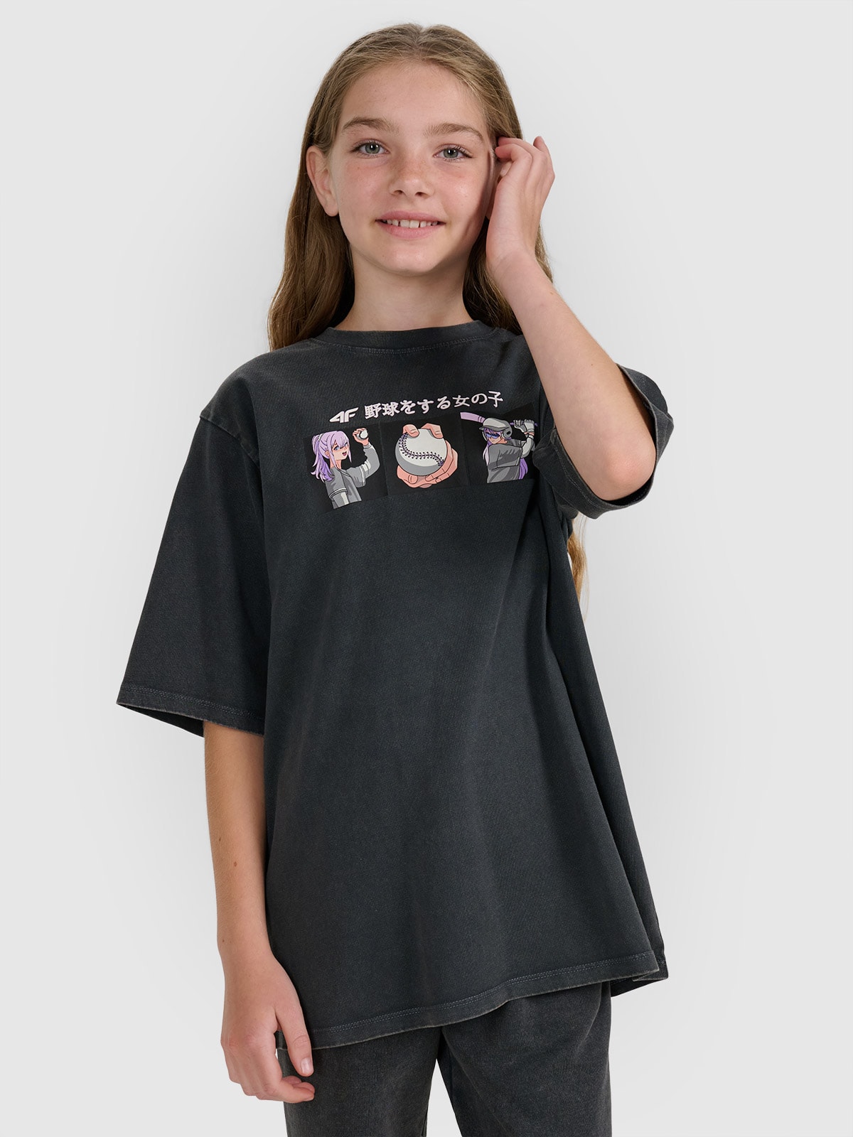 T-shirt oversize marškinėliai su spauda mergaitėms - pilki