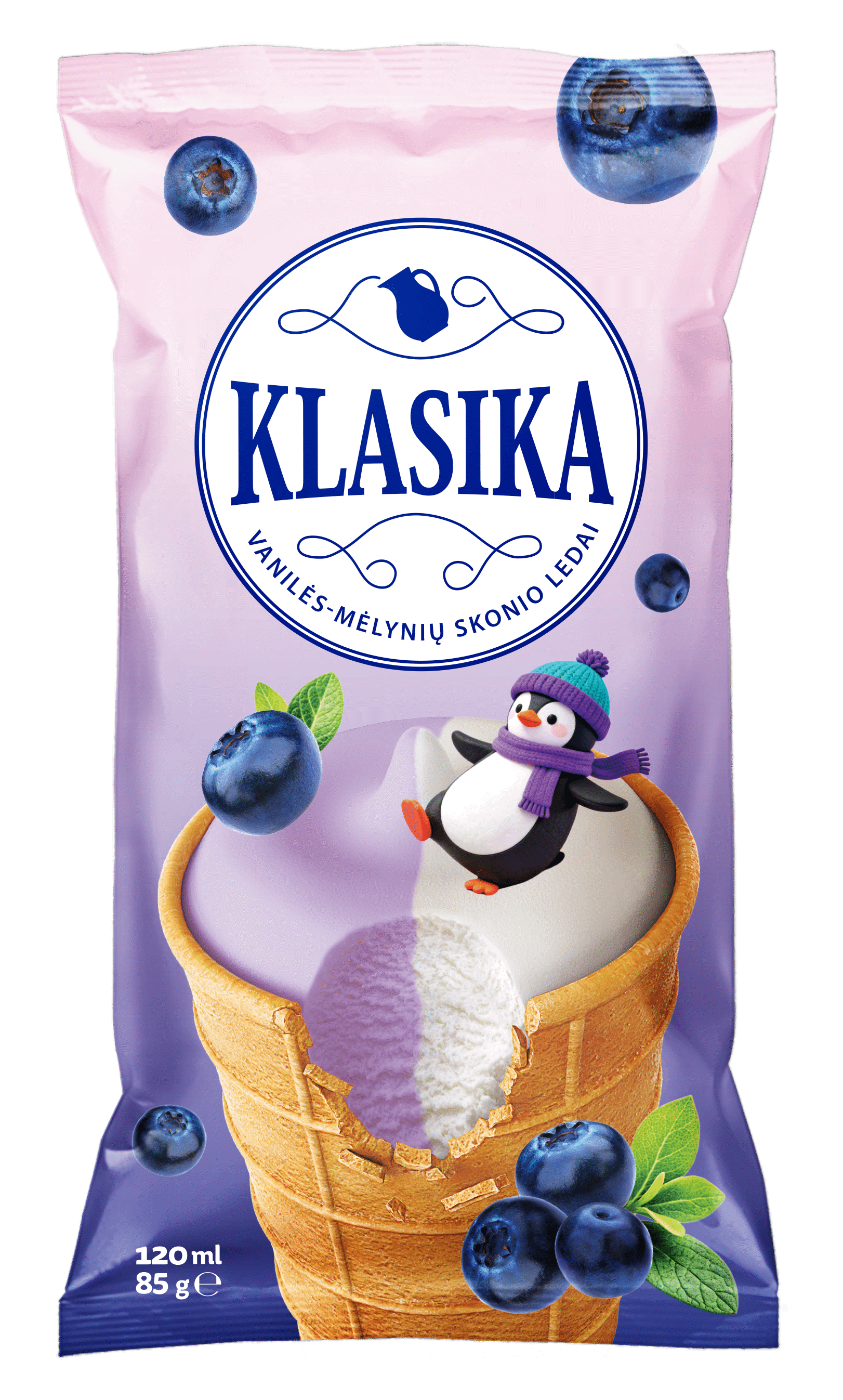 Grietininiai valgomieji ledai KLASIKA, vanilės ir mėlynių skonio, 65 g