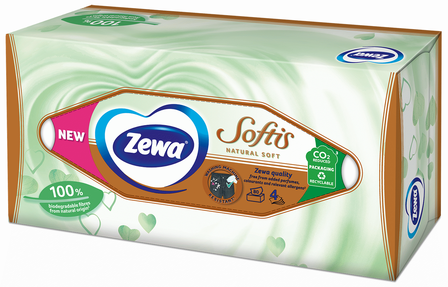 Vienkartinės nosinaitės ZEWA NATURAL SOFT, 4 sluoksnių, 80 vnt.