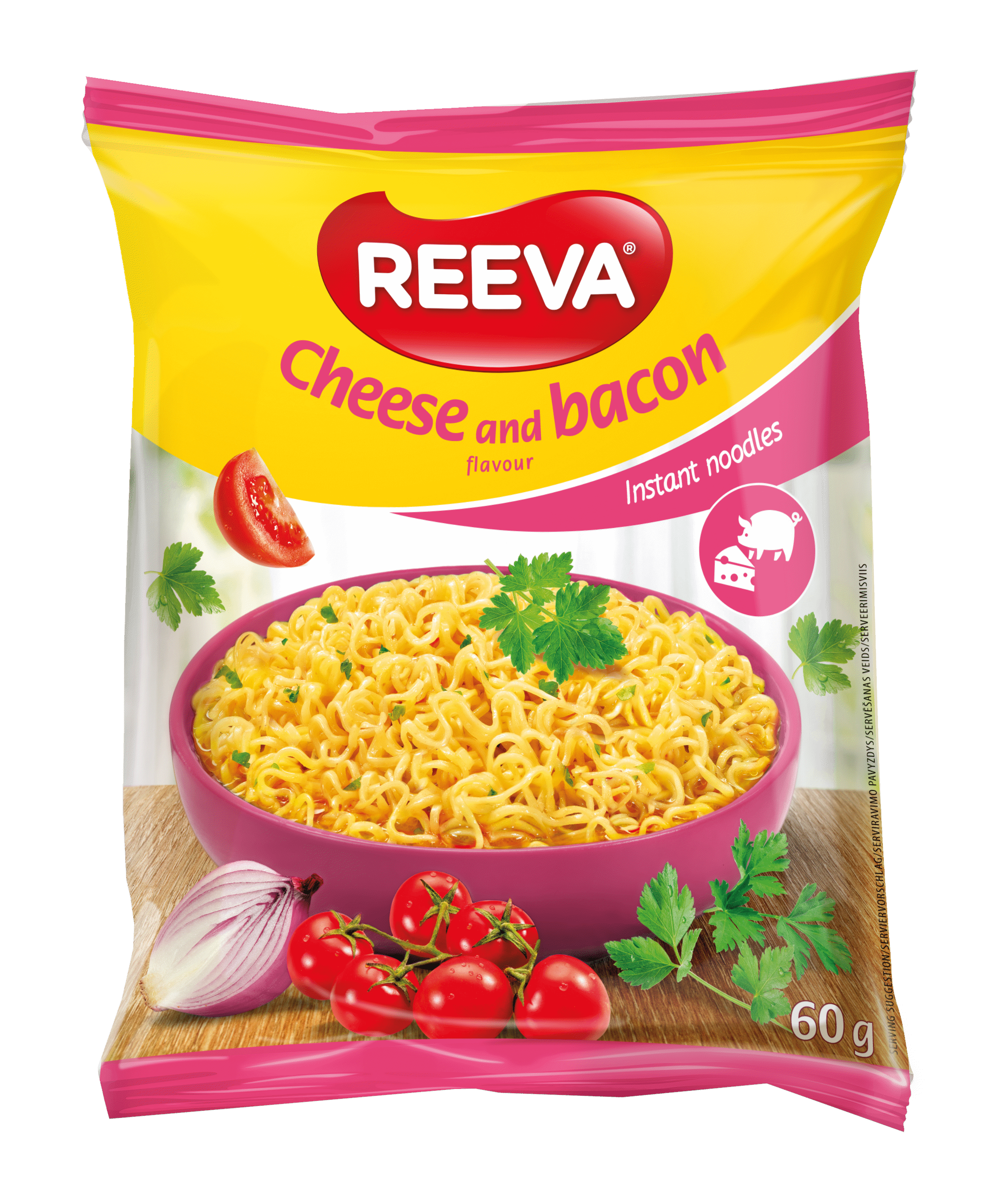 Greitai paruošiami makaronai REEVA, sūrio ir šoninės skonio, 60 g
