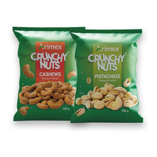 Kep. anakardžių arba pistacijų riešutai su druska CRUNCHY NUTS ARIMEX, 100 g, 120 g