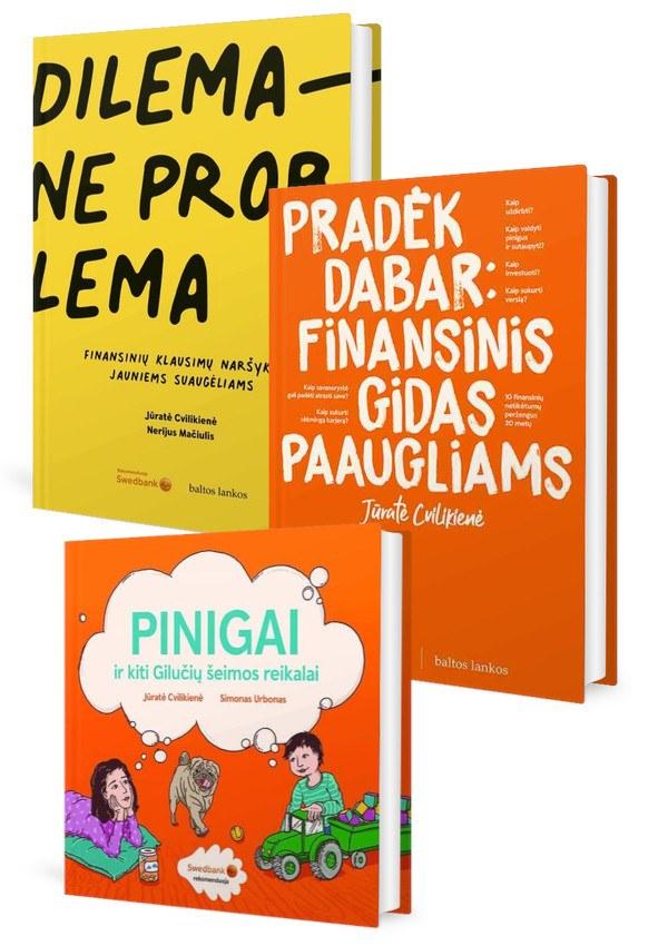 KNYGŲ RINKINYS. Jūratė Cvilikienė. PINIGAI ir kiti Gilučių šeimos reikalai + PRADĖK DABAR: finansinis gidas paaugliams + Dilema – ne problema
